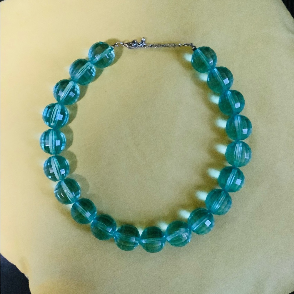 Elegant 70s Clear Lucite Faceted Blue Beaded Necklace